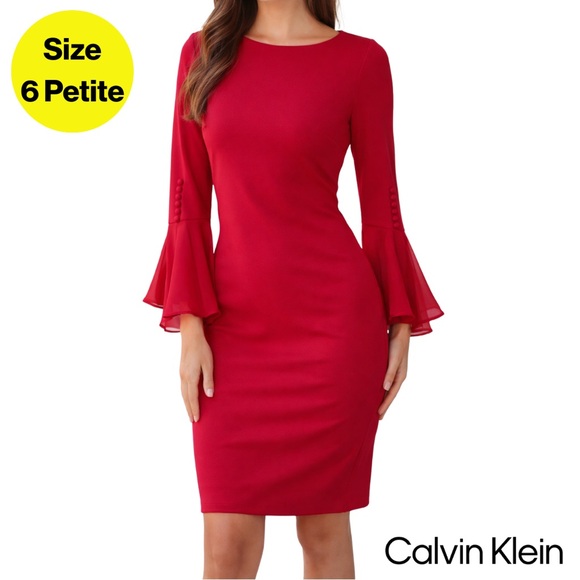 Calvin Klein Dresses & Skirts - CALVIN KLEIN ❤️ Elegant Cherry Red, Flared Sleeves Midi Dress (Women’s 6 Petite)